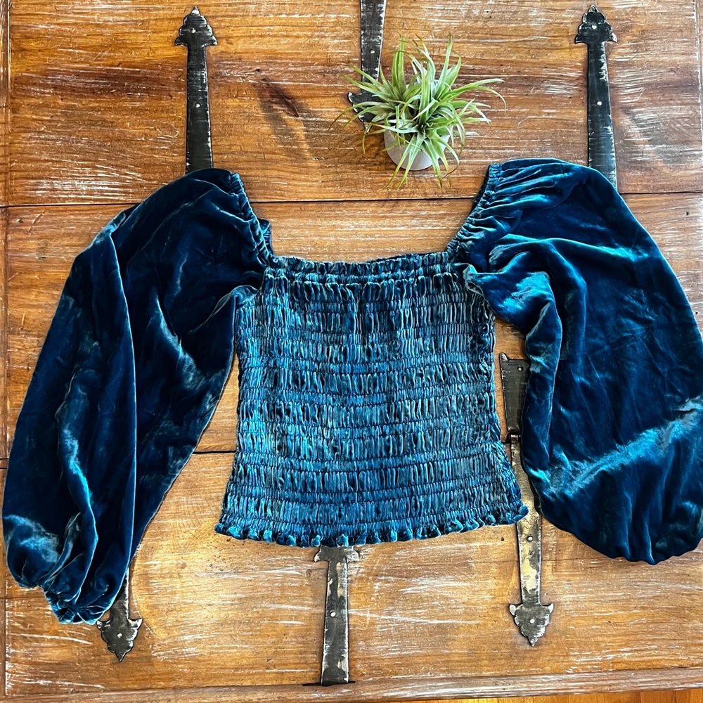 Cropped Blue Smocked Velvet Top by Anthrologie